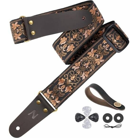 Embroidered Guitar Strap Adjustable with Leather Ends Picks Locks Included - Picture 7 of 7
